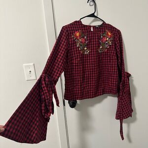 Ina Red and Black Checkered Blouse with Floral Details
